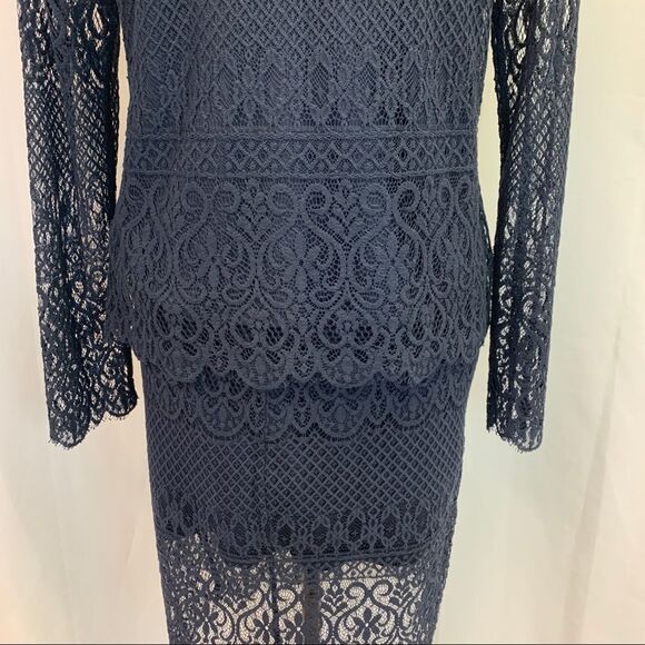 ADIVA Navy blue stretchy lace overlay long sleeve skirt blouse set size medium - Picture 8 of 14